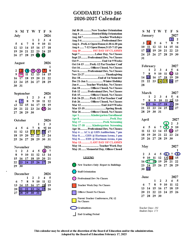 Goddard USD 265 2026-27 Calendar
