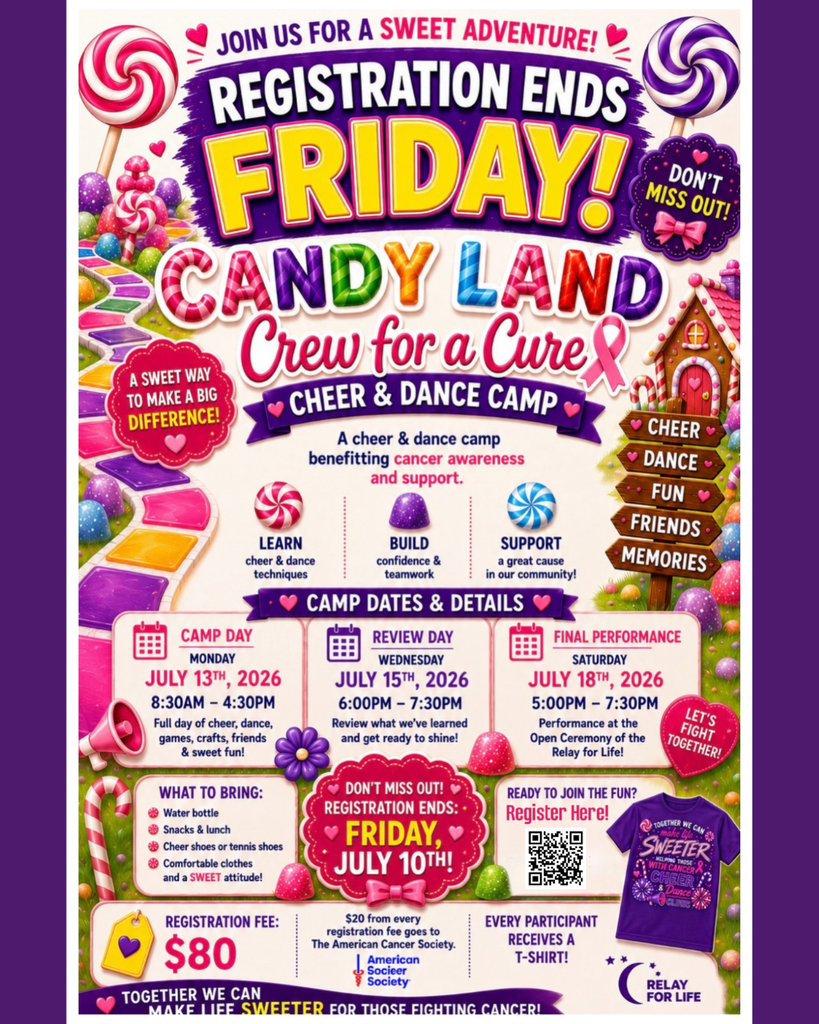 Candy Land Crew for a Cure  Registration ends Friday, July 10th: https://docs.google.com/forms/d/e/1FAIpQLSdRDOSNirCmDWrLgDb0k4MWL7rRoxk-8dq_iWAwBKG8d6asOg/viewform?pli=1