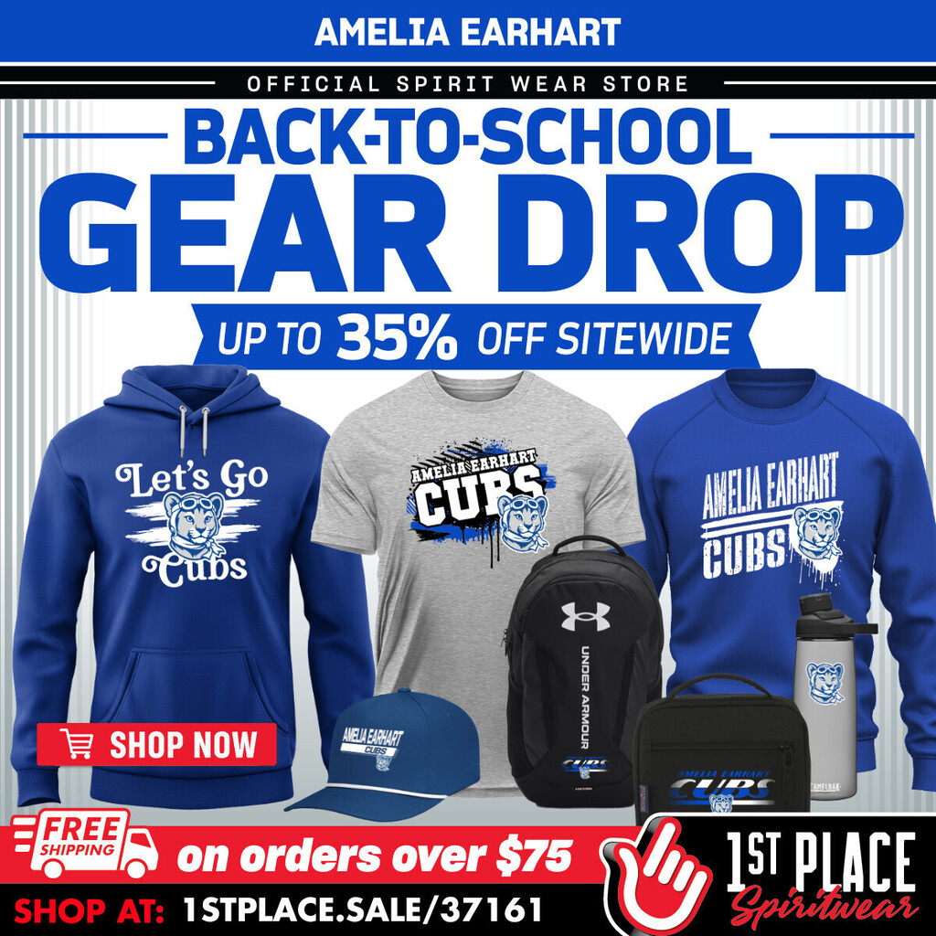 Back-to-school gear display featuring blue hoodie, gray t-shirt, blue sweatshirt, backpack, water bottle, and cap with Amelia Earhart Cubs branding.