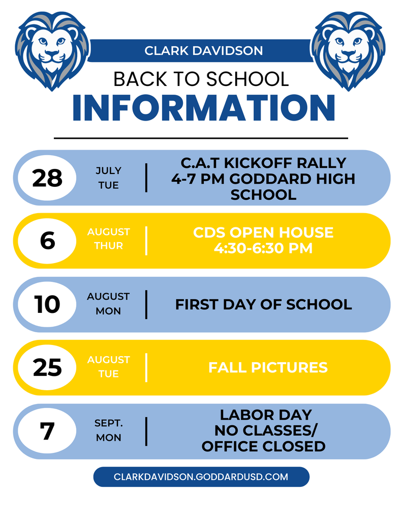 We are SO excited to welcome our Clark Davidson Lions back for another amazing school year! Calender of events for back to school