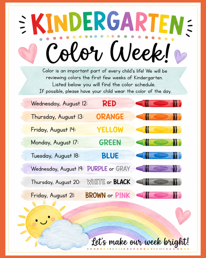 Colorful kindergarten “Color Week” schedule poster with rainbow, crayons, smiling sun, hearts, and daily color themes from red to pink.