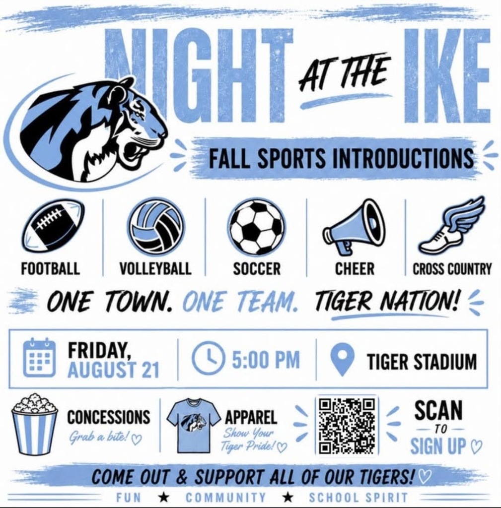background: white with light blue sports icons, etc.  Text:  Night at the IKE Fall Sports Intros, Friday August 21, 5pm, Concessions, Apparel
