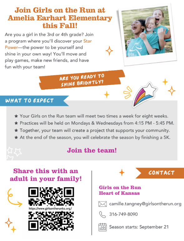 Colorful Girls on the Run flyer for Amelia Earhart Elementary: girls in turquoise shirts cheer, with program details, QR code, and contact information.