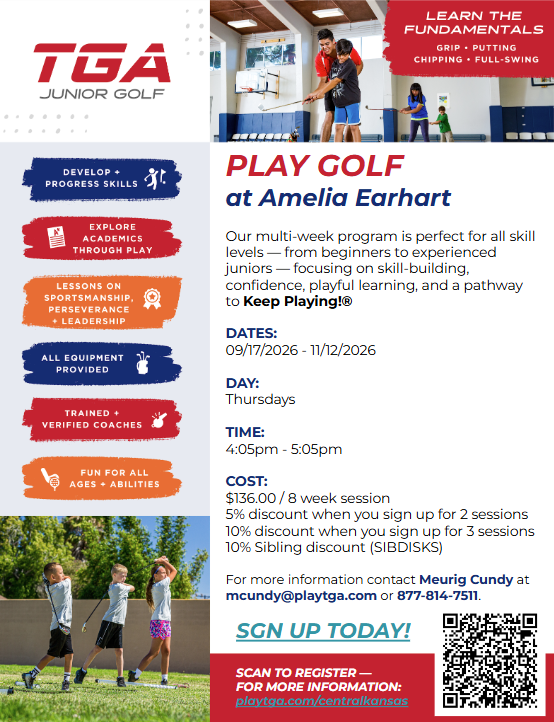 TGA Junior Golf flyer for “Play Golf at Amelia Earhart,” showing children golfing and promoting fun, inclusive lessons, dates, fees, and registration.