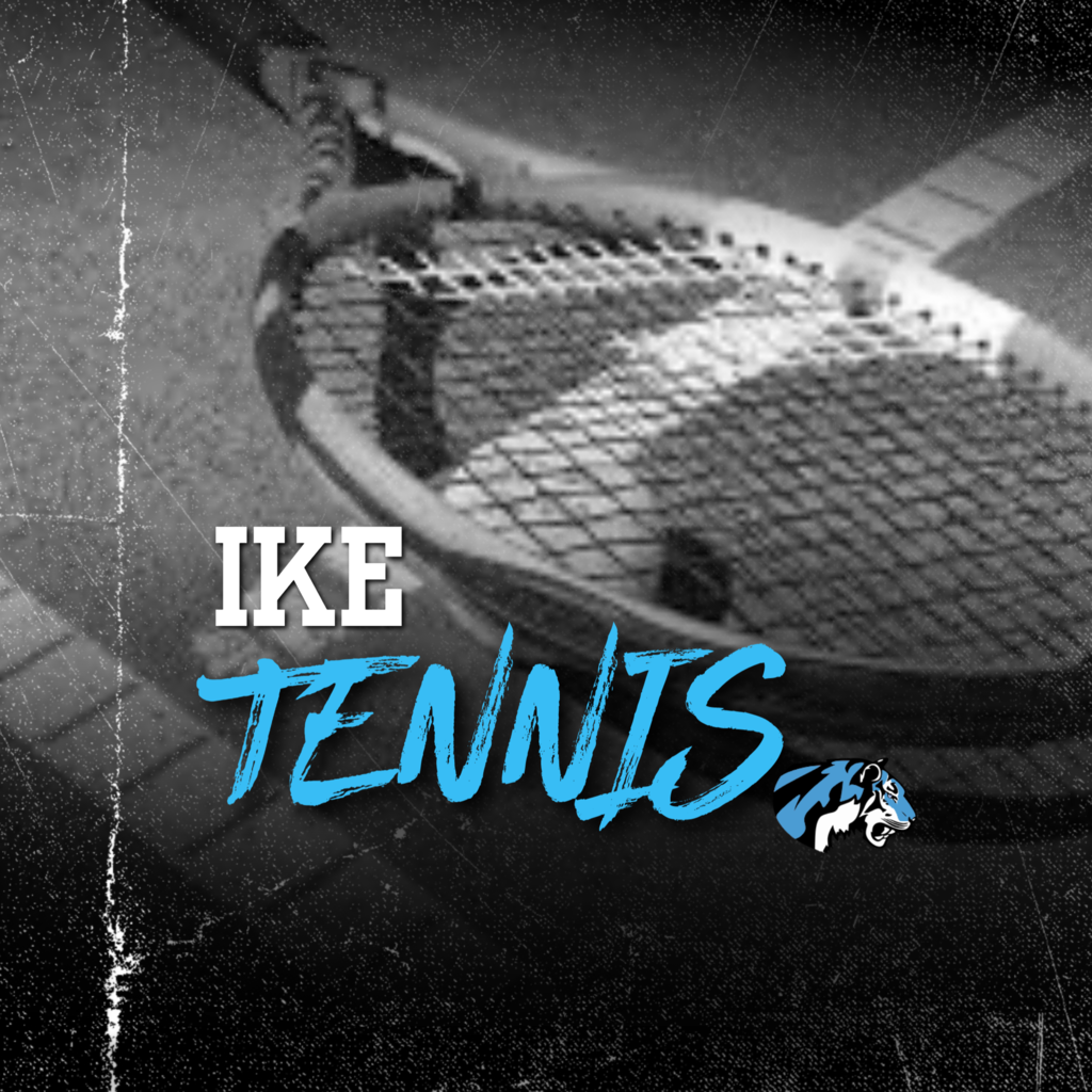 background:  black and white faded tennis court and tennis racket with white and blue text and tigers head logo; Text:  IKE Tennis