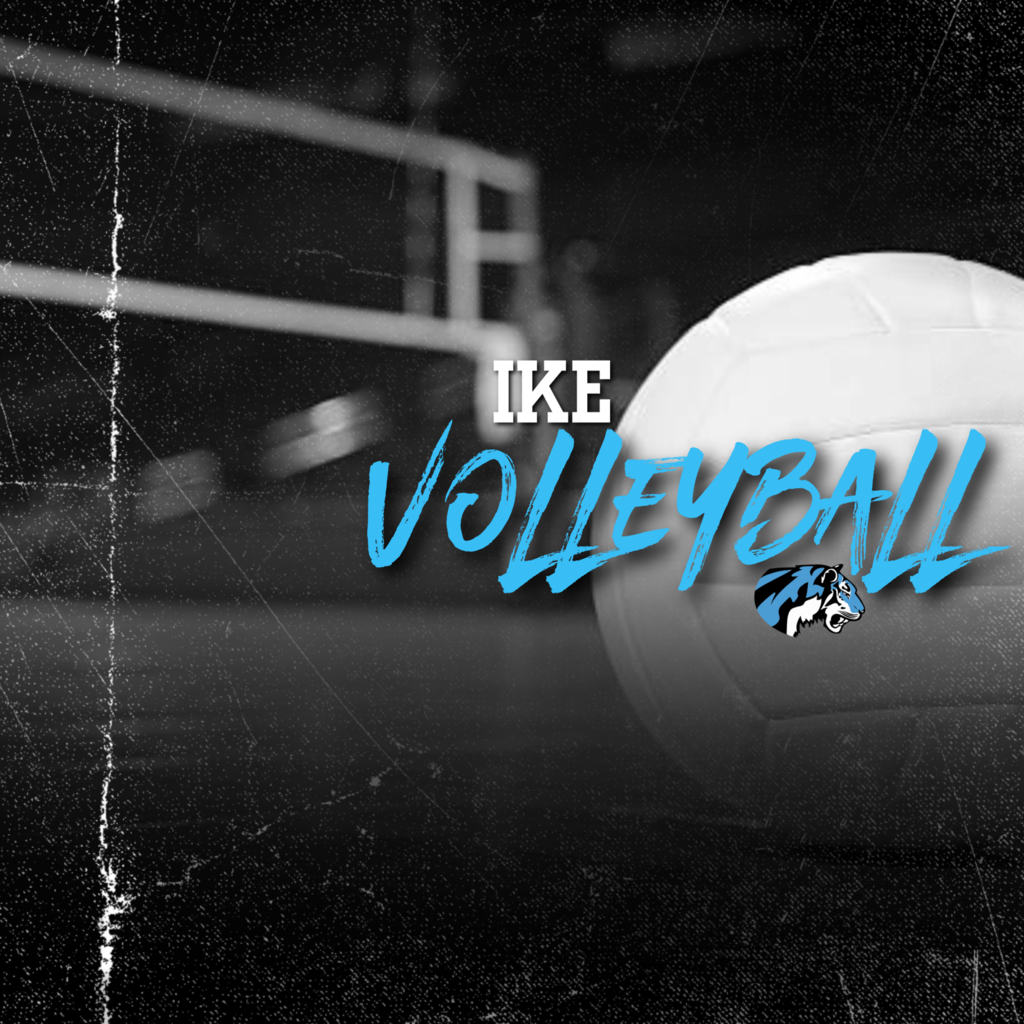 background:  black and white with faded volleyball court/net, blue and white text, blue tiger logo; text:  IKE Volleyball