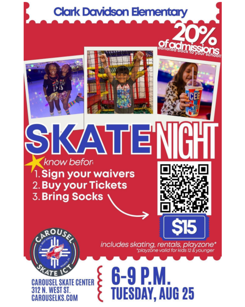 Clark Davidson Elementary flyer for Skate Night at Carousel Skate Center, featuring happy children skating, 20% admission discount, QR code, and event details.