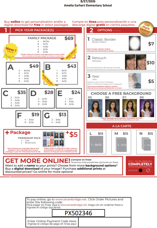 Bilingual Amelia Earhart Elementary school portrait order form showing package prices, retouching, backgrounds, add-ons, and online code.