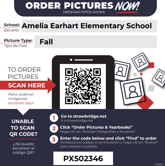 Order form for Amelia Earhart Elementary School fall pictures with QR code, scanning instructions, and code PX502346.