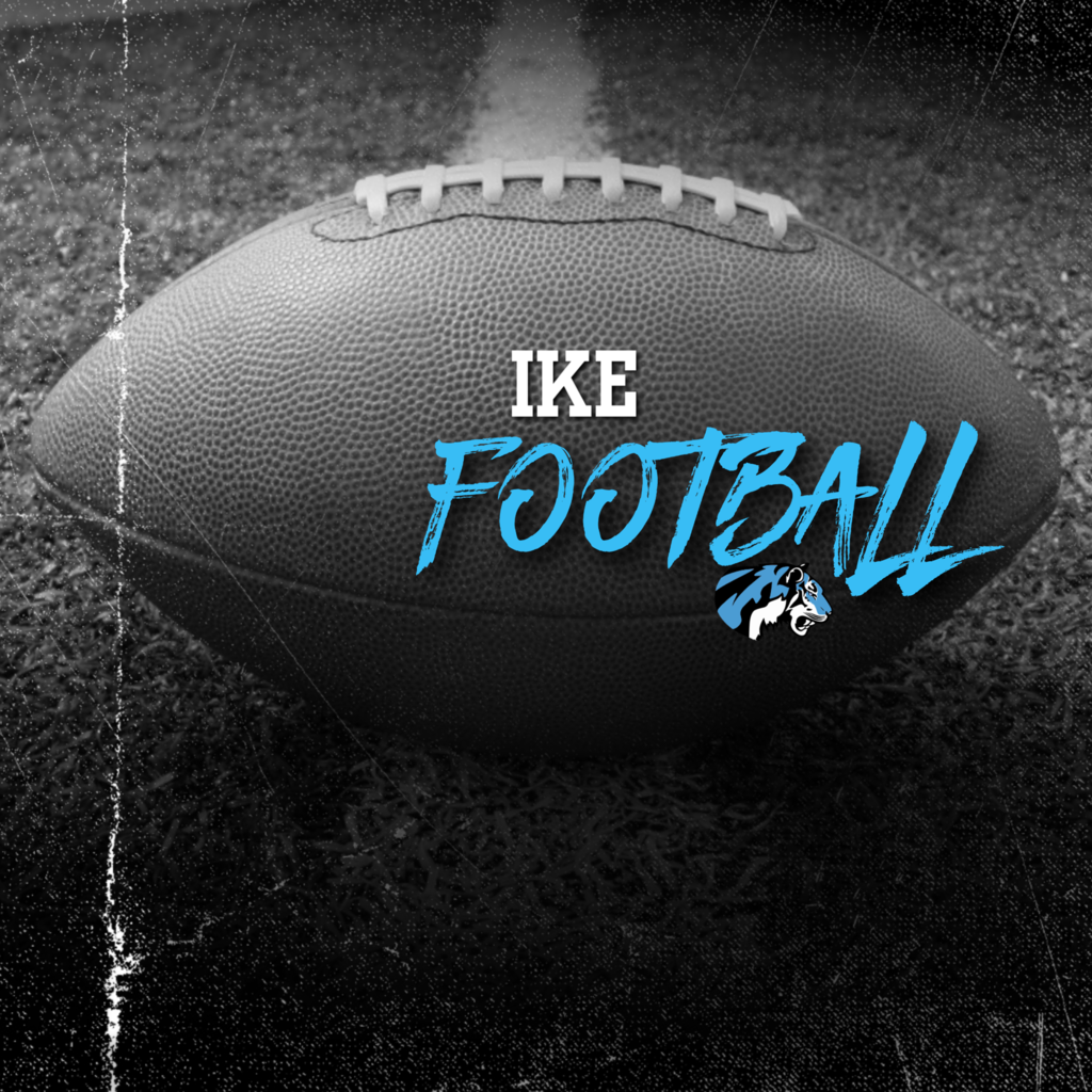 background:  black and white football with blue and white text and blue tigers head;  text:  IKE Football