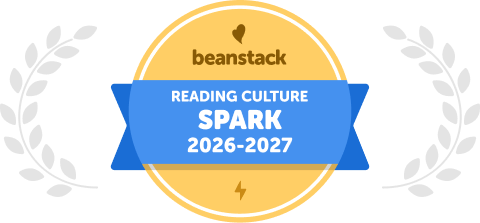 A gold badge labeled, Beanstack. With a blue ribbon in the middle that says "reading culture spark 2026-2027"