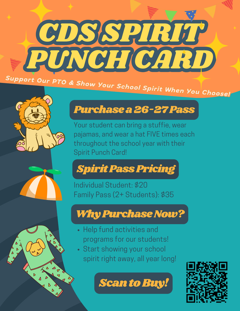 Colorful CDS Spirit Punch Card poster promotes school spirit passes, with a lion and pajamas, pricing details, benefits, and a QR code to buy.