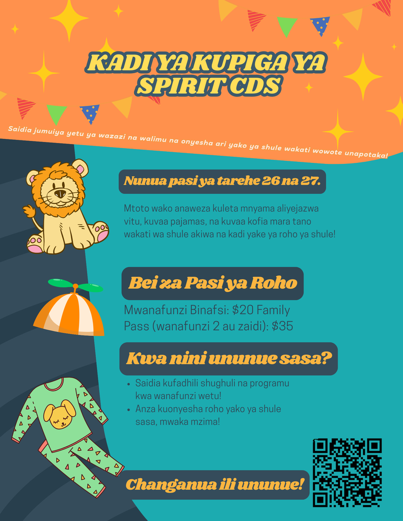 Colorful CDS Spirit Punch Card poster promotes school spirit passes, with a lion and pajamas, pricing details, benefits, and a QR code to buy.