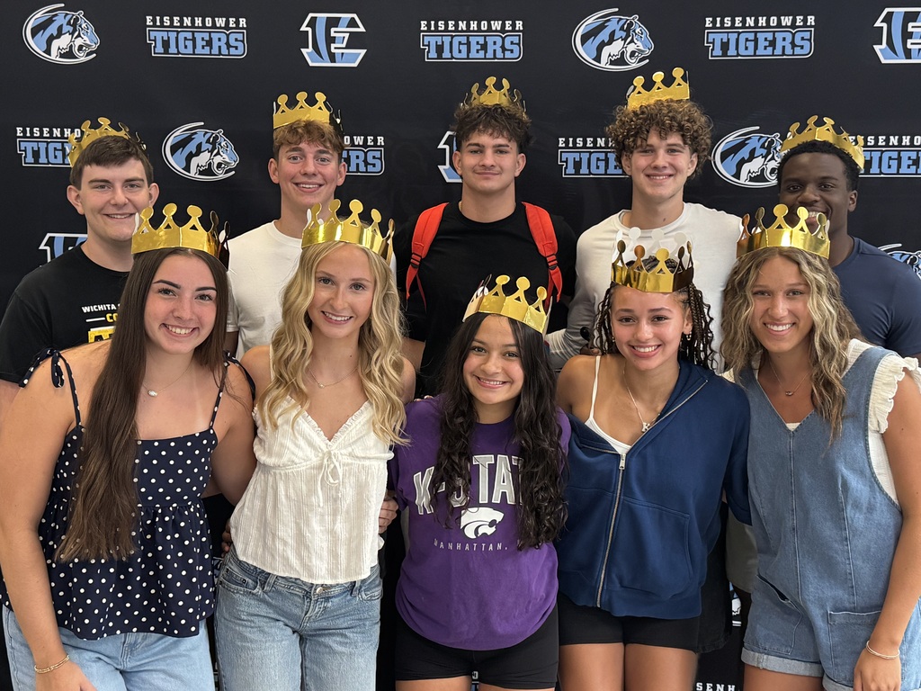 Background: black with blue tiger logos, pictured are 10 EHS students with gold crowns on their heads, (homecoming candidates)