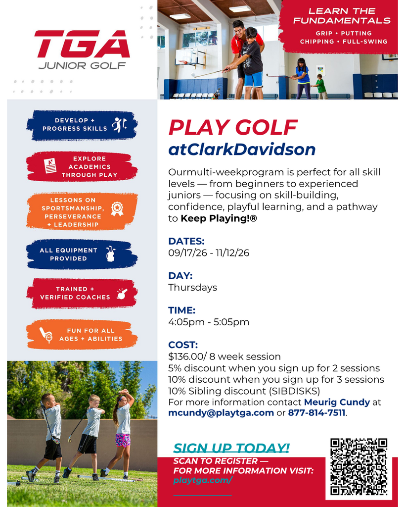 TGA Junior Golf flyer promoting Play Golf at ClarkDavidson, with junior golfers practicing, program details, dates, pricing, and registration QR code.