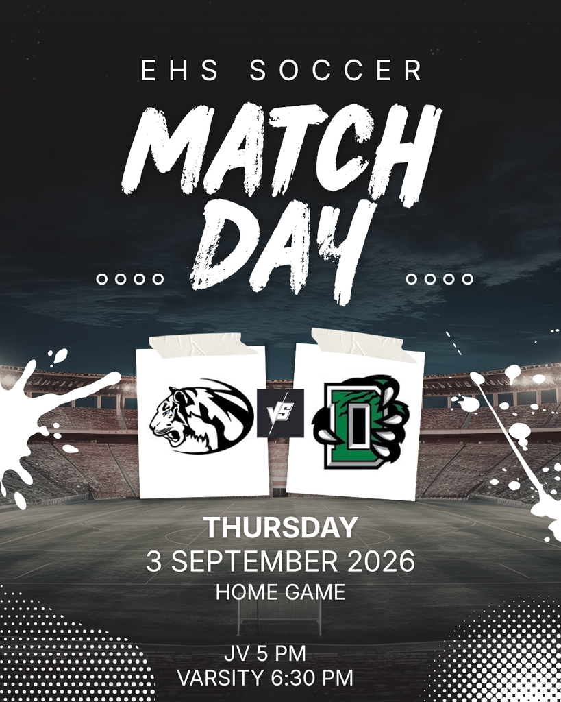background: dark sky, muted colors soccer field, white paint splatter, white sports logos, white text; Text: EHS Soccer Match Day, Thursday, September 2026, Home Game, JV 5pm, Varsity 6:30 pm