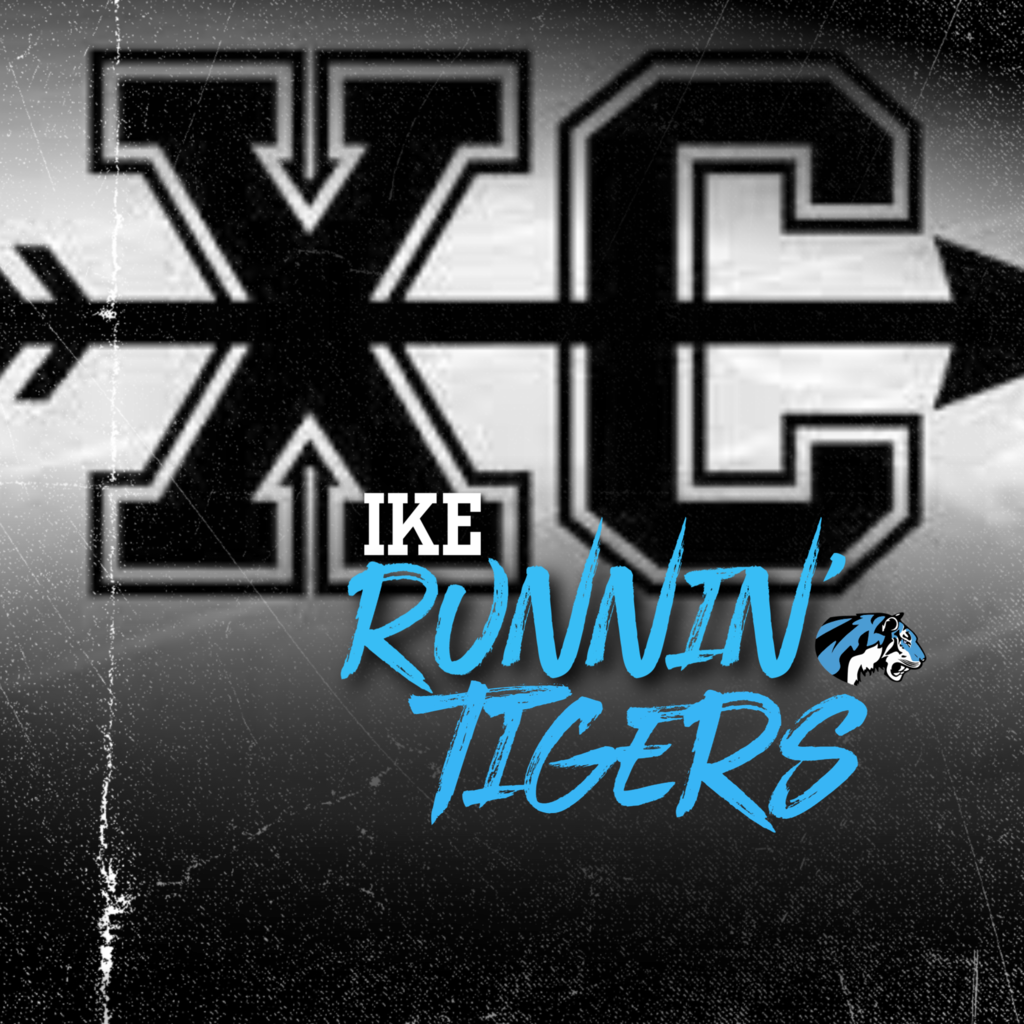 background: black and white distressed with blue tiger head logo; text: black XC, white/blue IKE Runnin' Tigers