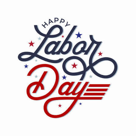 background:  white with navy & red stars and text;  Happy Labor Day