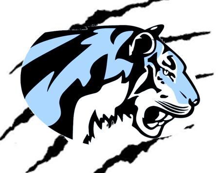 background:  white with black tiger stripes and a blue and white tiger head logo;  no text