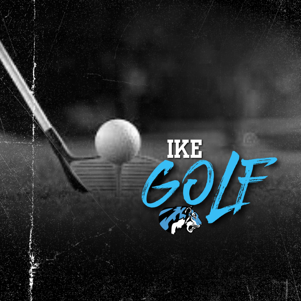 background:  black and white distressed with golf ball & club, blue tiger head logo, blue and white text;  text:  IKE Golf