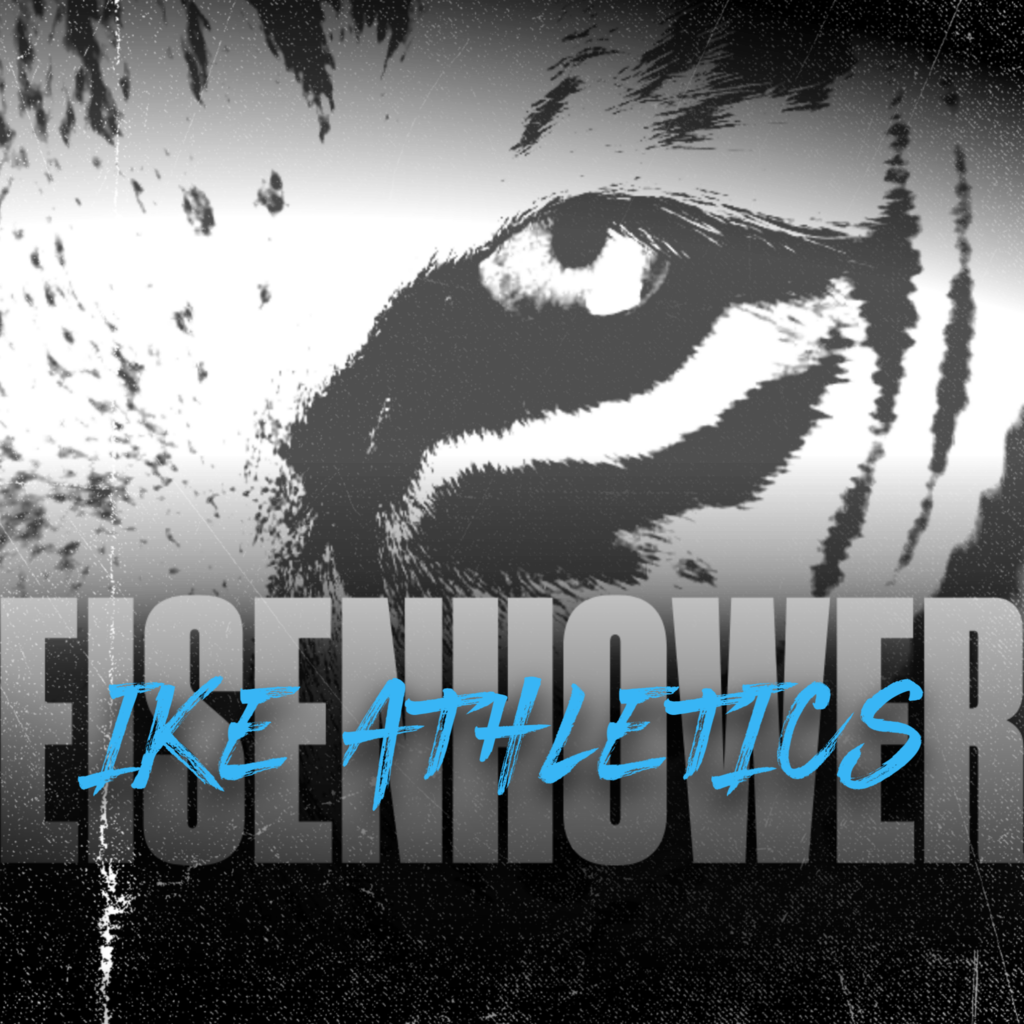 background:  black and white tiger with blue eye, blue paint streak, EHS logo, black text;  text:  IKE Athletics