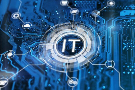 background:  black and blue circuit board with a white circle and text IT