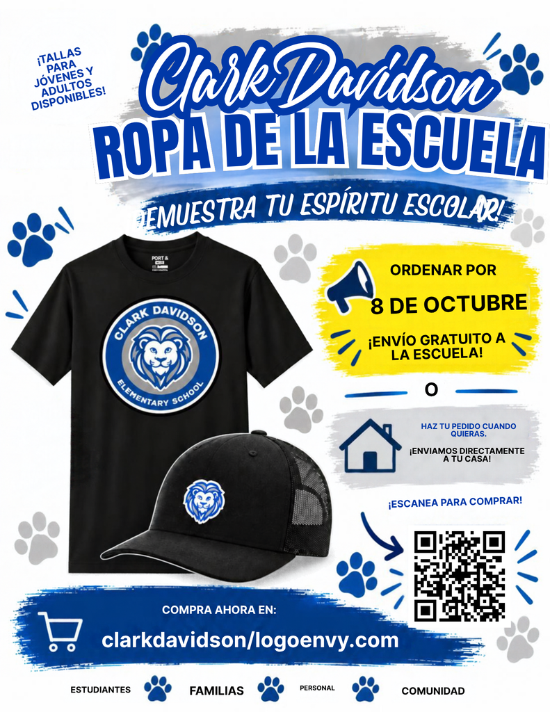 Clark Davidson Spiritwear poster featuring a black T-shirt and cap, paw prints, school logo, ordering details, QR code, and bold design.
