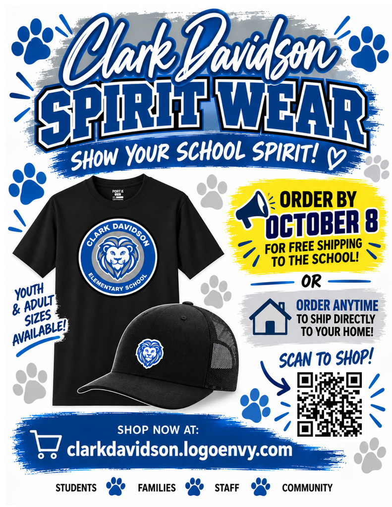 Clark Davidson Spiritwear poster featuring a black T-shirt and cap, paw prints, school logo, ordering details, QR code, and bold design.