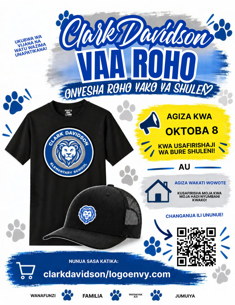 Clark Davidson Spiritwear poster featuring a black T-shirt and cap, paw prints, school logo, ordering details, QR code, and bold design.