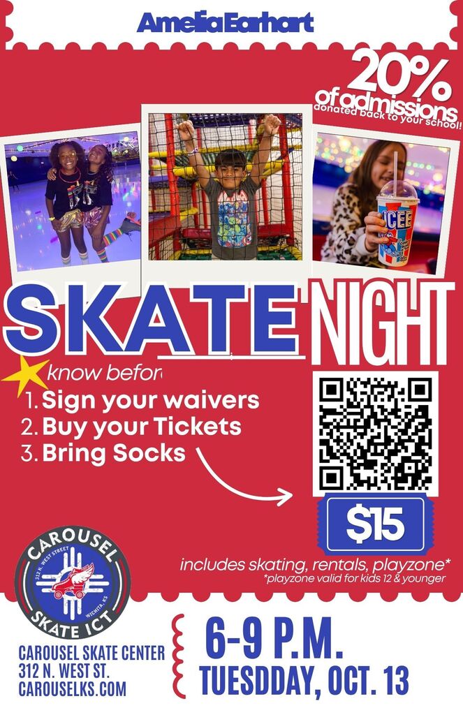 Red-and-white Amelia Earhart flyer for Skate Night shows smiling skaters, 20% off admission, a QR code, and 6–9 p.m. Tuesday, Oct. 13.
