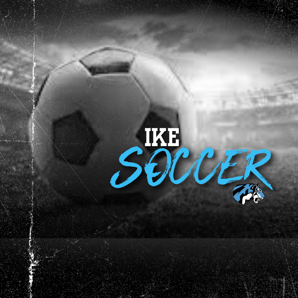 background: black and white soccer stadium and ball with blue tiger's head and text; text: IKE Soccer