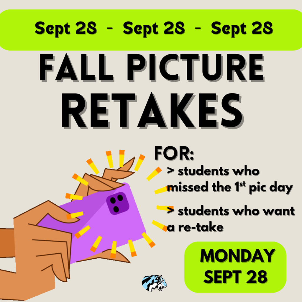 background:  gray with lime green box and animated camera clicking; Text:  fall picture retakes