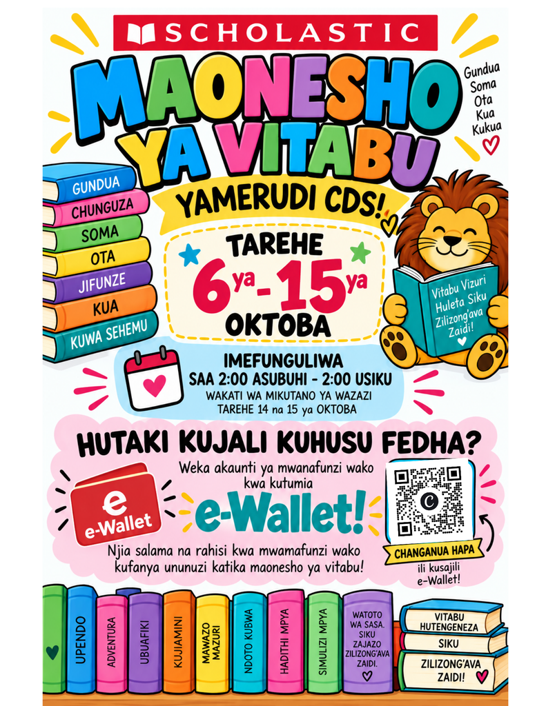 Colorful Scholastic Book Fair flyer announces October 6–15 at CDS, featuring a cheerful lion, bright books, an e-wallet QR code, and upbeat school spirit.