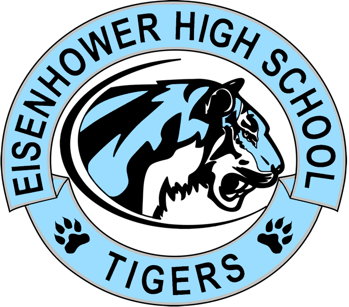 background:  gray with Eisenhower High School blue circle logo with the tiger head, paw prints and black text;  text:  Eisenhower High School Tigers