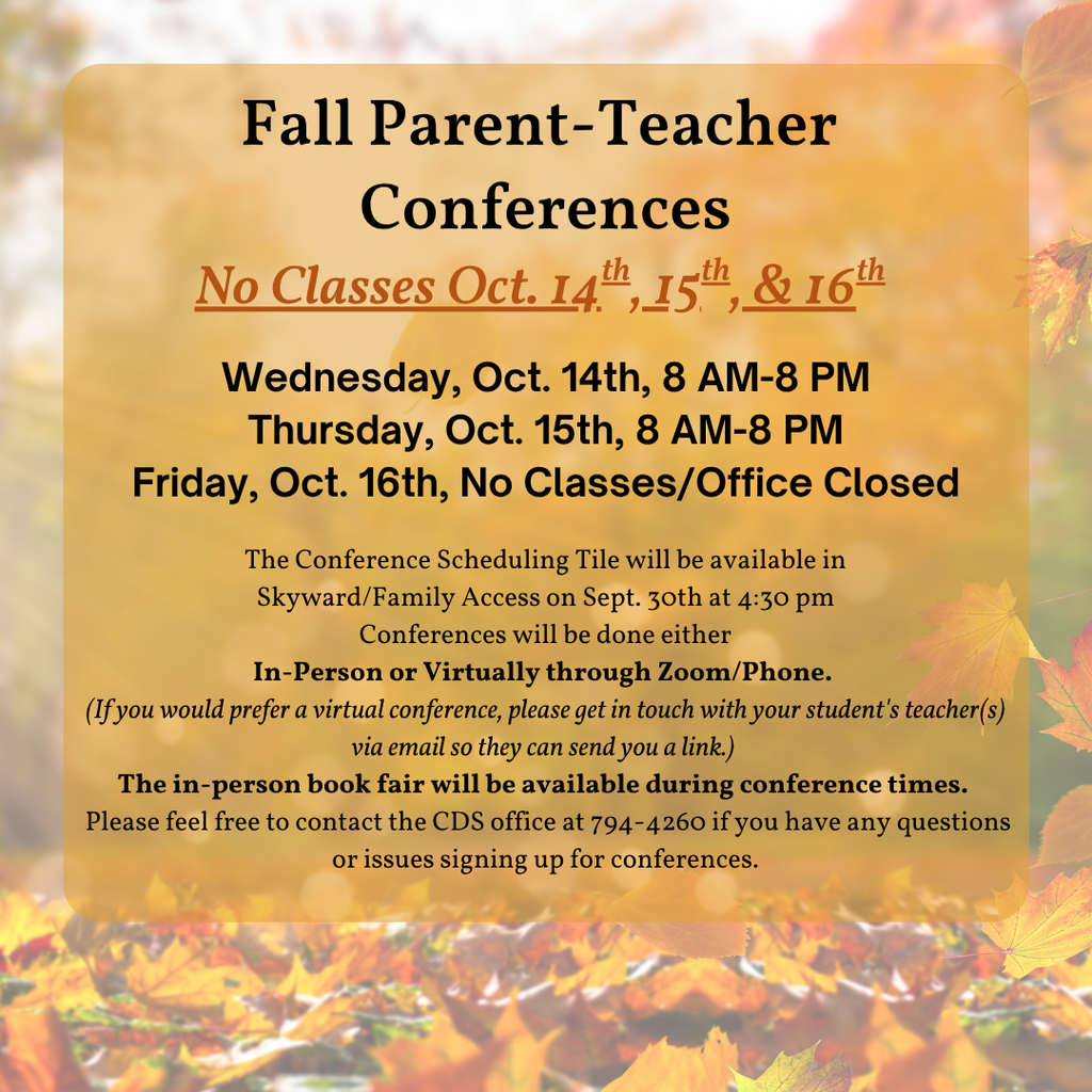 Fall Parent-Teacher Conferences flyer in autumn colors announces Oct. 14–16, 2025 dates, school hours, virtual or in-person options, and a warm seasonal tone.