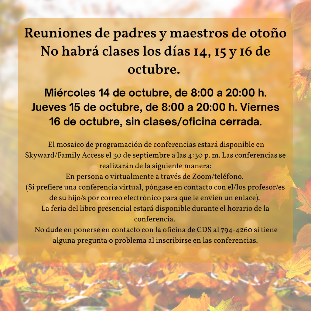Fall Parent-Teacher Conferences flyer in autumn colors announces Oct. 14–16, 2025 dates, school hours, virtual or in-person options, and a warm seasonal tone.