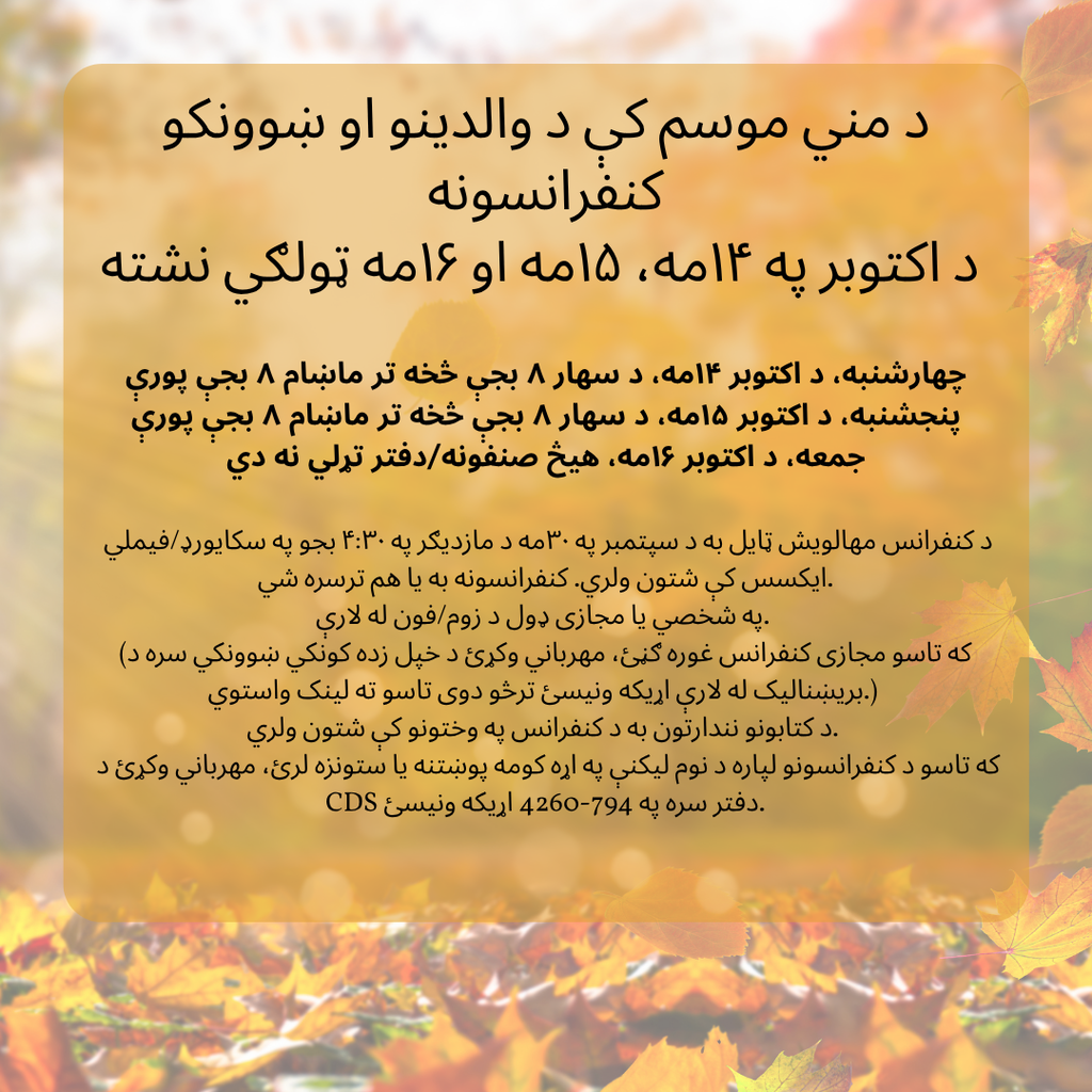 Fall Parent-Teacher Conferences flyer in autumn colors announces Oct. 14–16, 2025 dates, school hours, virtual or in-person options, and a warm seasonal tone.