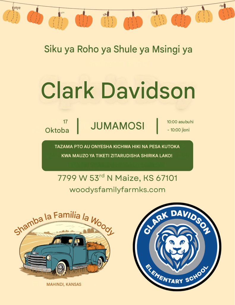 Flyer for Clark Davidson Elementary School PTO’s Spirit Day, Saturday, October 17, with pumpkin decorations, a vintage truck, and a blue-and-white lion mascot.