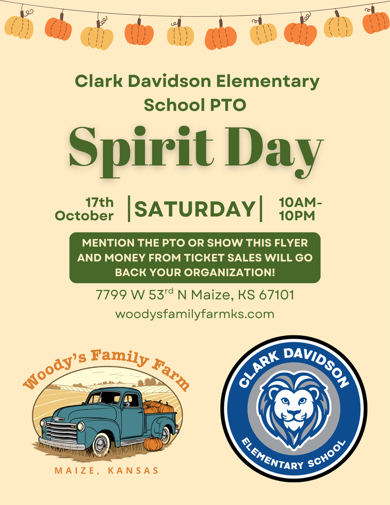 Flyer for Clark Davidson Elementary School PTO’s Spirit Day, Saturday, October 17, with pumpkin decorations, a vintage truck, and a blue-and-white lion mascot.