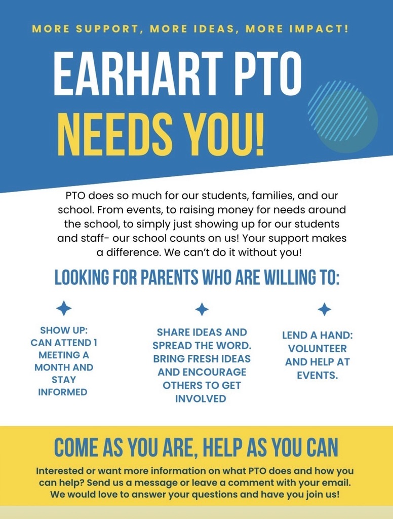 Blue-and-yellow Earhart PTO flyer invites parents to share ideas, attend monthly meetings, volunteer, and help at events in an upbeat, welcoming tone.