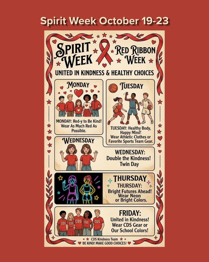A red-and-cream Spirit Week poster for October 19–23 features a red ribbon and illustrated daily themes: red, healthy choices, twin day, bright colors, and kindness.