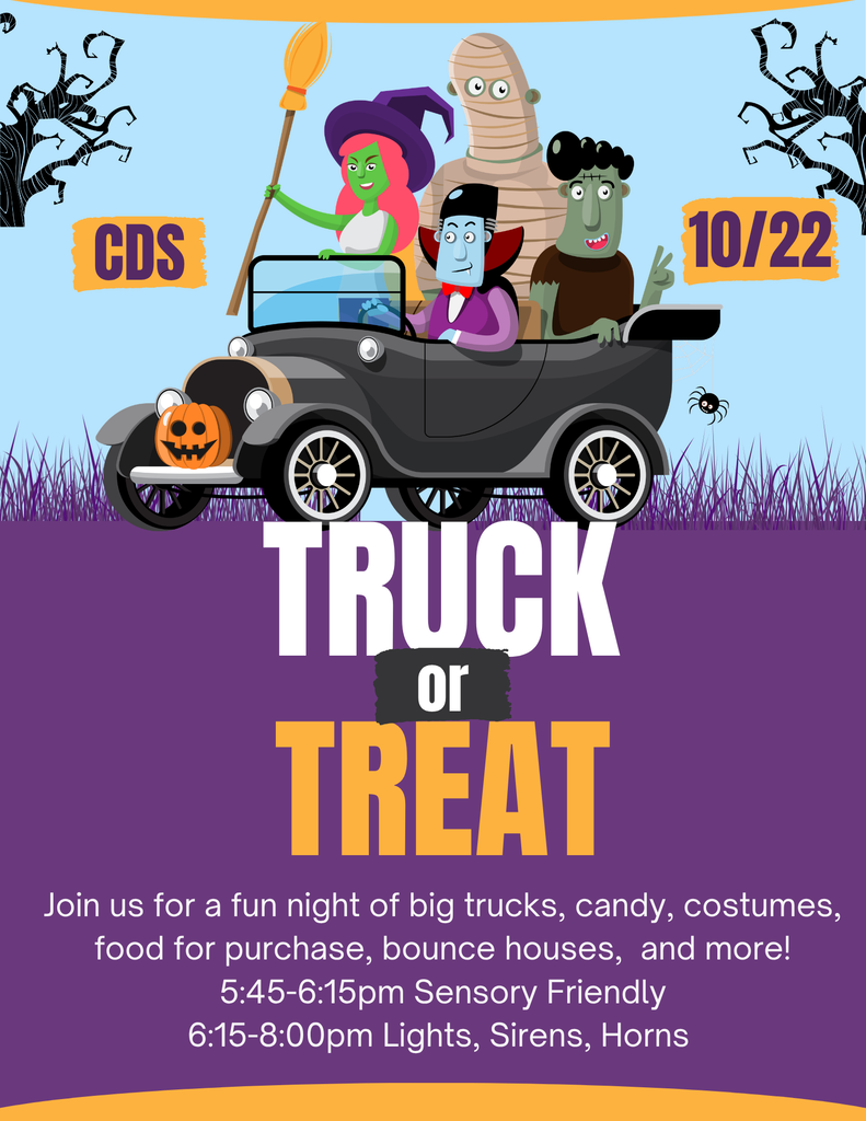 Halloween “Truck or Treat” flyer shows costumed monsters in a black vintage car; event is October 22, with candy, costumes, and family fun.