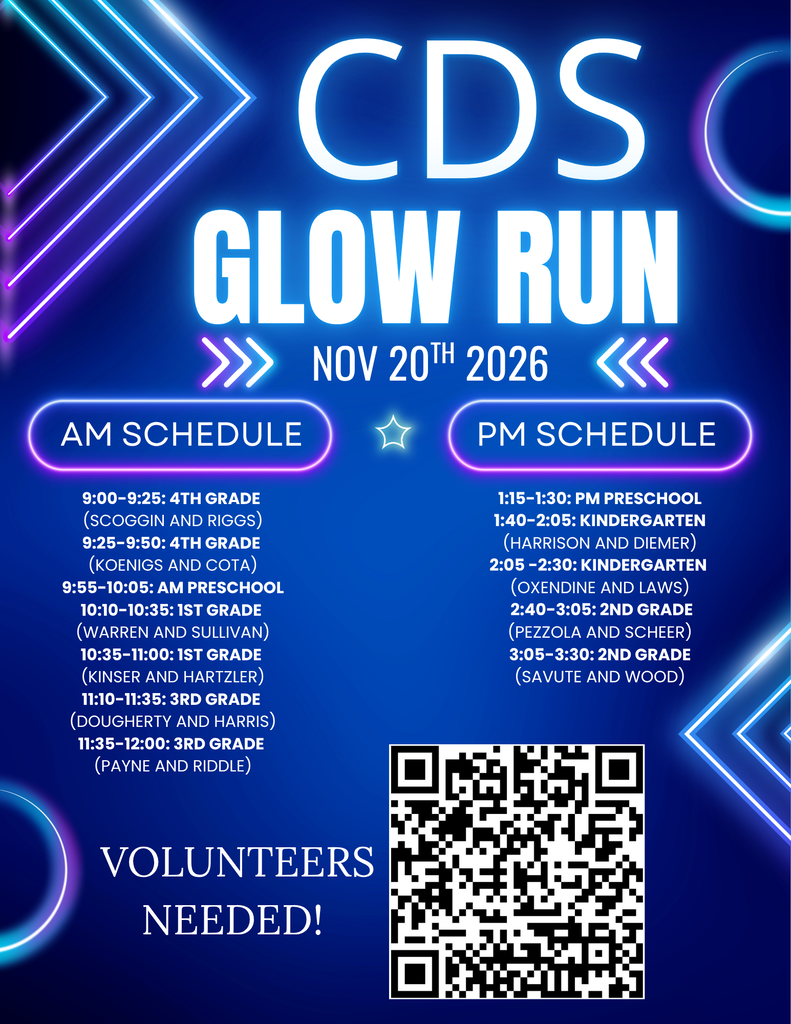 Neon blue and purple “CDS Glow Run” poster for Nov. 20, 2026, with AM and PM race schedules, a QR code, and “Volunteers Needed!” text.