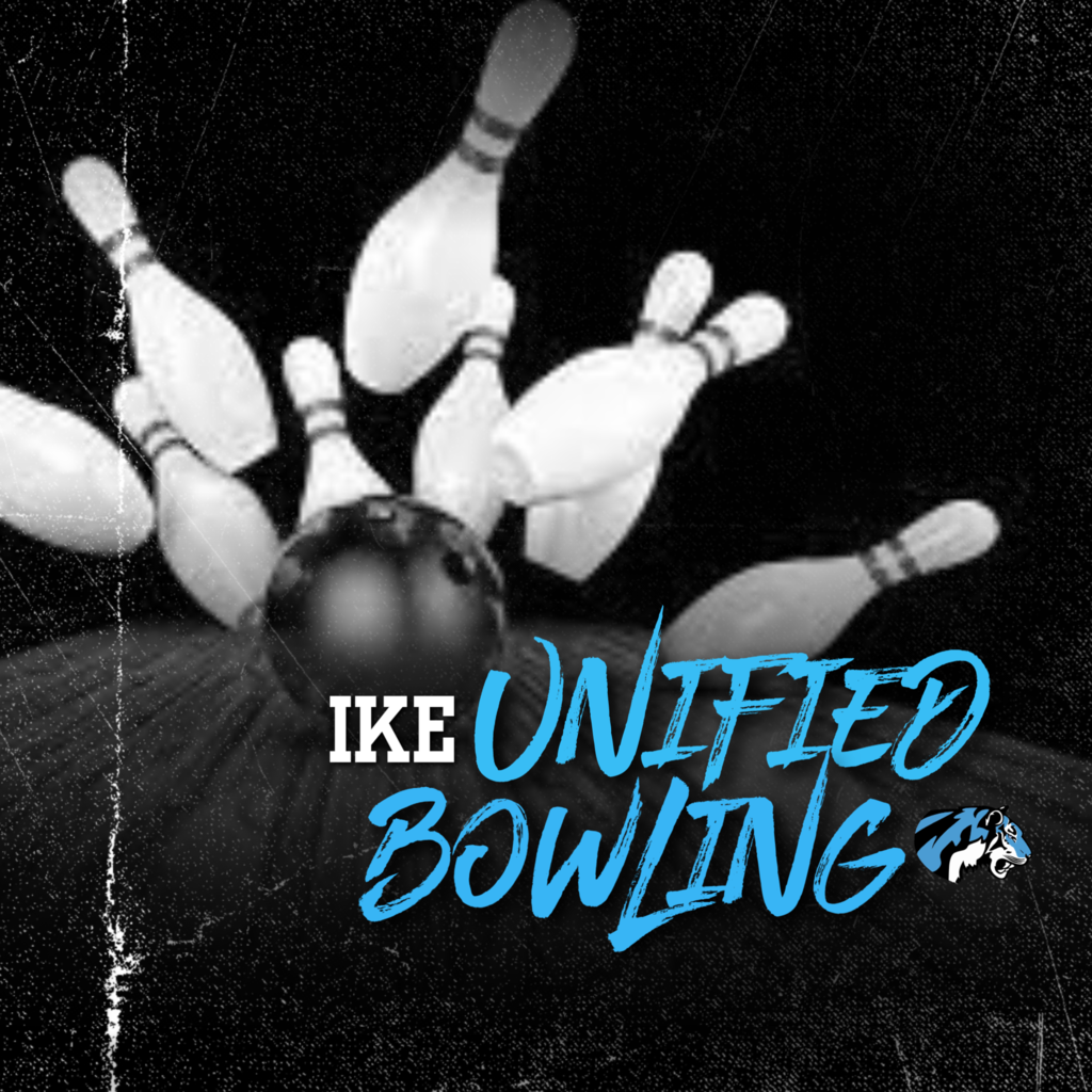 background:  black with black bowling ball knocking down white bowling pins, blue tiger head logo, blue text;  text:  IKE Unified Bowling