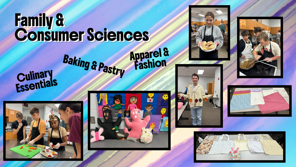 background:  blue, purple, yellow neon stripes, black frames with pictures of students (baking, sewing, cooking);  text:  Family & Consumer Sciences, Culinary Essentials, Baking & Pastry, Apparel & Fashion
