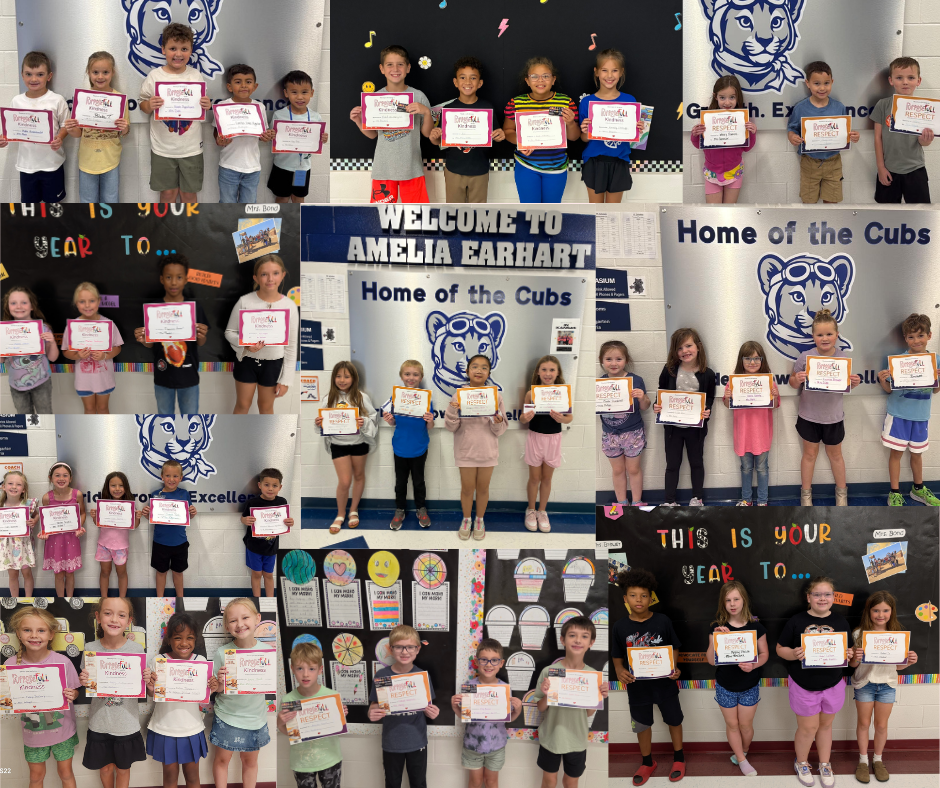 Collage of elementary students holding character trait certificates at school; title reads “Character Trait Winners: August & September,” celebrating their achievement.