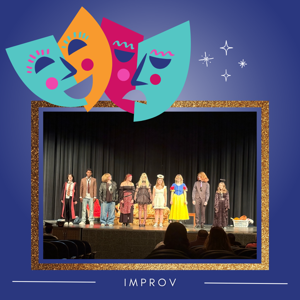 background:  dark blue with bright colored theatre masks (teal, orange, pink), gold picture frame with picture of IKE Theatre; text:  IMPROV