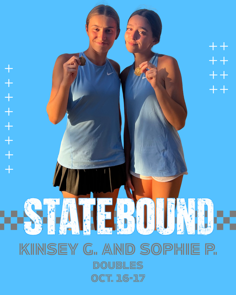background:  blue with white stars & gray check pattern, picture of Kinsey G. & Sophie P. holding medals; text:  State Bound, Kinsey G. and Sophie P. , Doubles, Oct 16-17