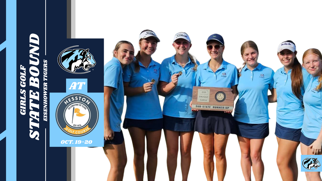 background:  white, with black and blue stripes on left side, tiger head logo, picture of IKE golf team; text:  girls golf state bound, Oct 19-20