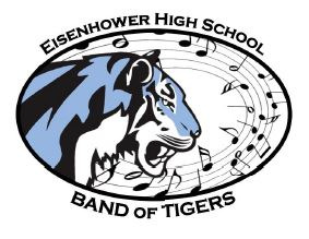 background:  white with blue tiger head logo, musical notes swirling around the tiger;  text:  Eisenhower High School Band of Tigers